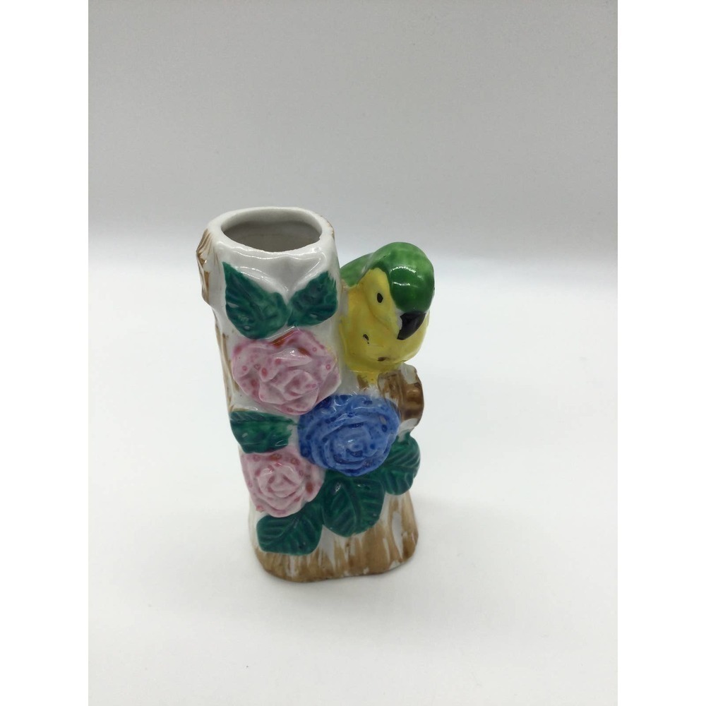 Vintage Spill Bud Vase Parakeet on Log w/ Flowers Parrot Japan Air Plant